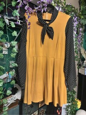 ModCloth Mustard Yellow Dress with Black Polka Dot Sleeves
